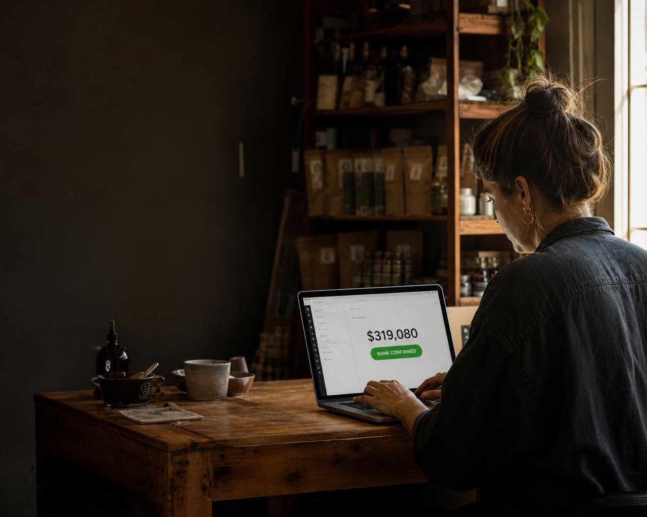 A founder types at a laptop on a workbench in her product workshop, shelves of stock behind her, the screen showing $222,720 beside a green Disbursed pill