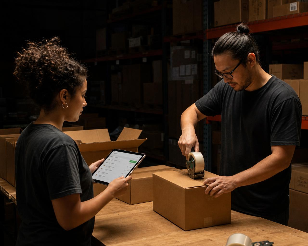 Two warehouse team members pack customer orders at a bench, one holding a tablet showing an order list with a green confirmed chip while the other tapes a carton