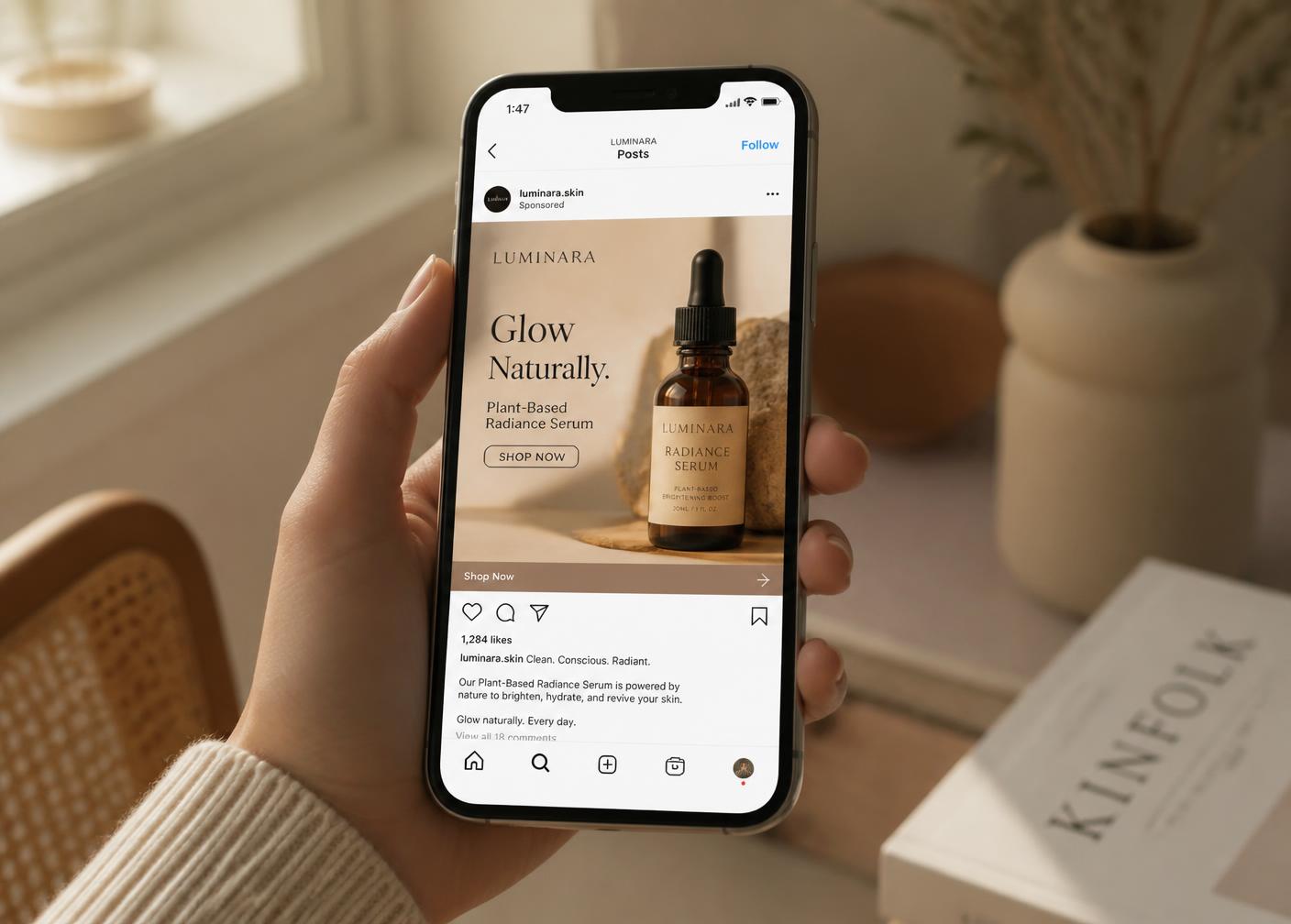 A customer holding a phone showing the Luminara advert in a social feed