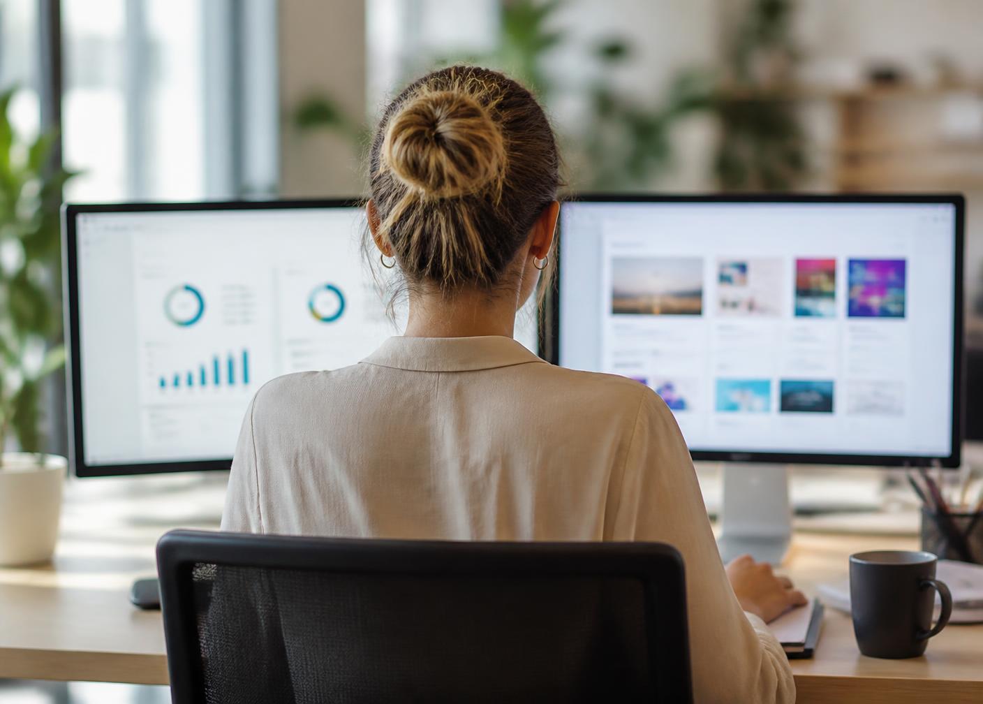 A marketer comparing two platform dashboards at a desk