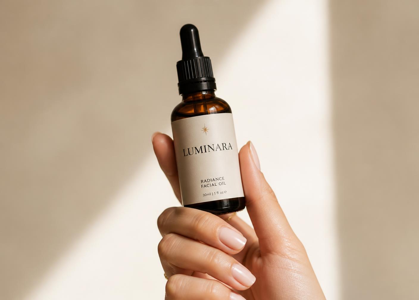 A hand holding the Luminara Radiance Facial Oil bottle