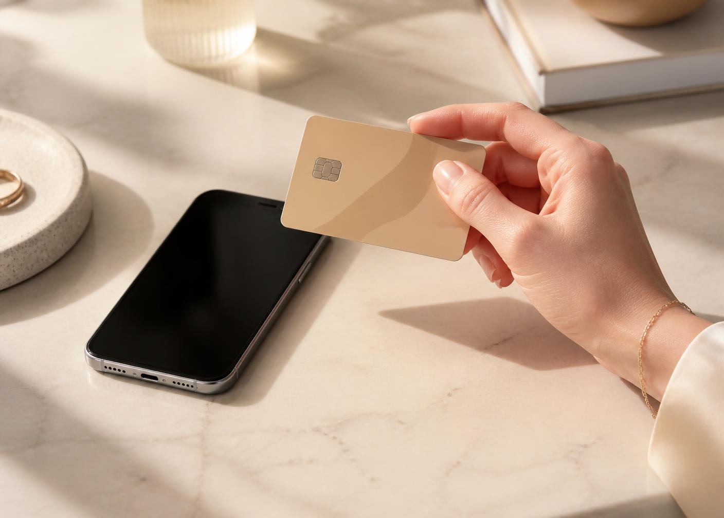 A bank card and phone on a counter as the payout clears