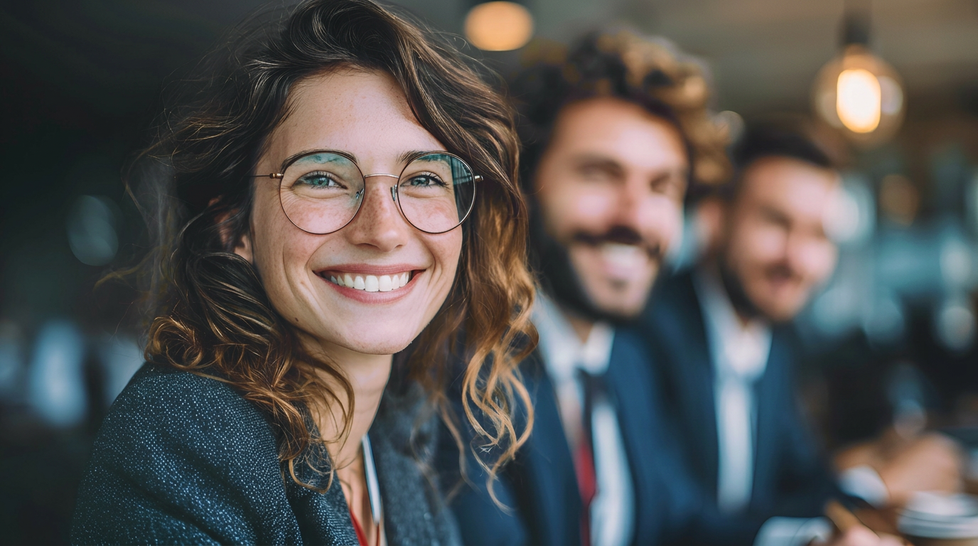 A smiling founder standing with her team behind her