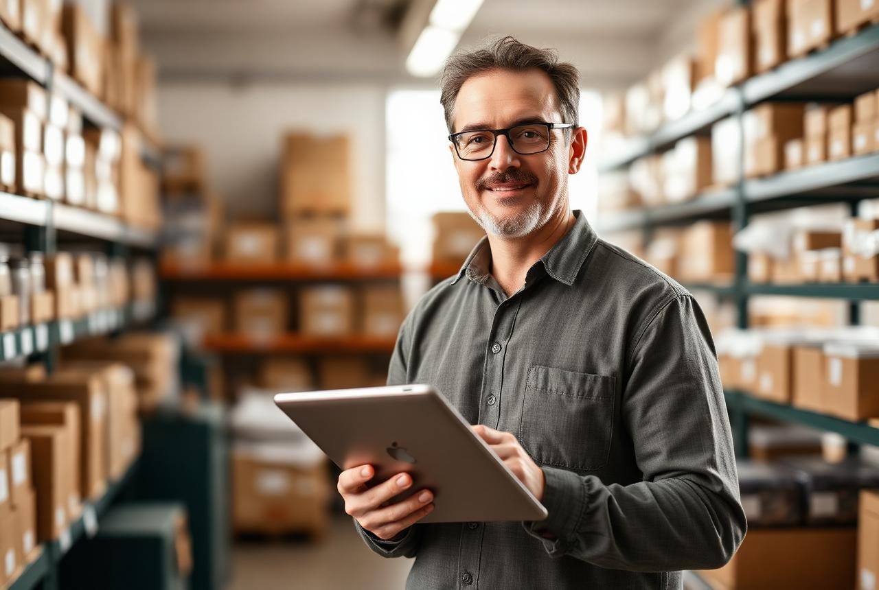 An operator checks marketplace figures on a tablet beside shelved inventory