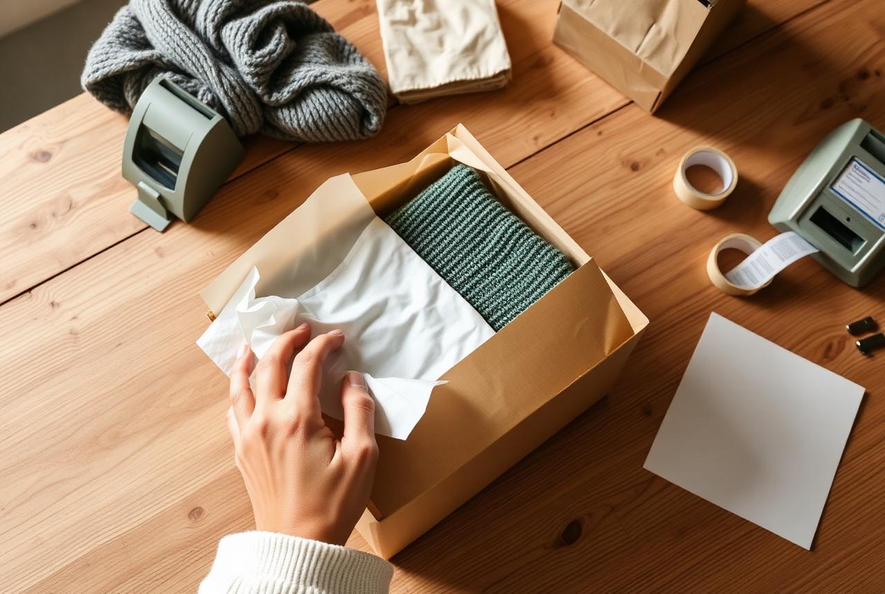 A seller prepares FBA cartons at a bench stacked with printed shipment labels