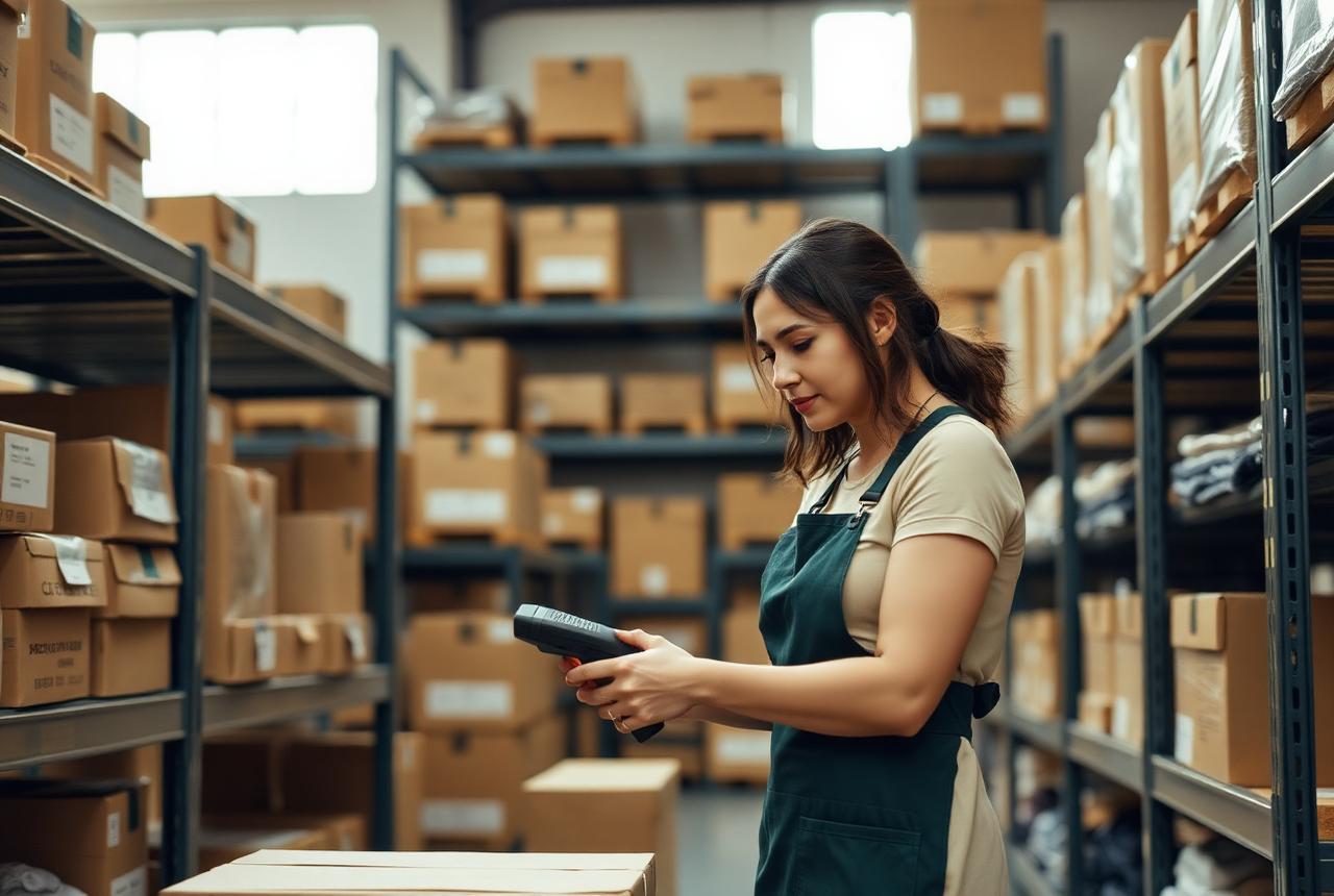 A worker scans a carton in a warehouse aisle of racked inventory bound for fulfilment centres