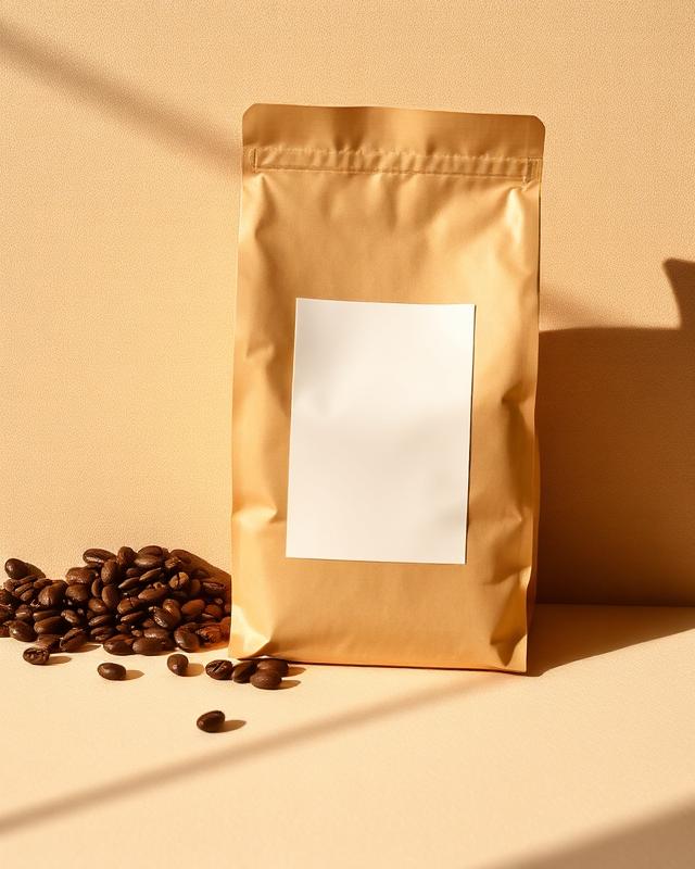 Kraft coffee bag beside roasted beans