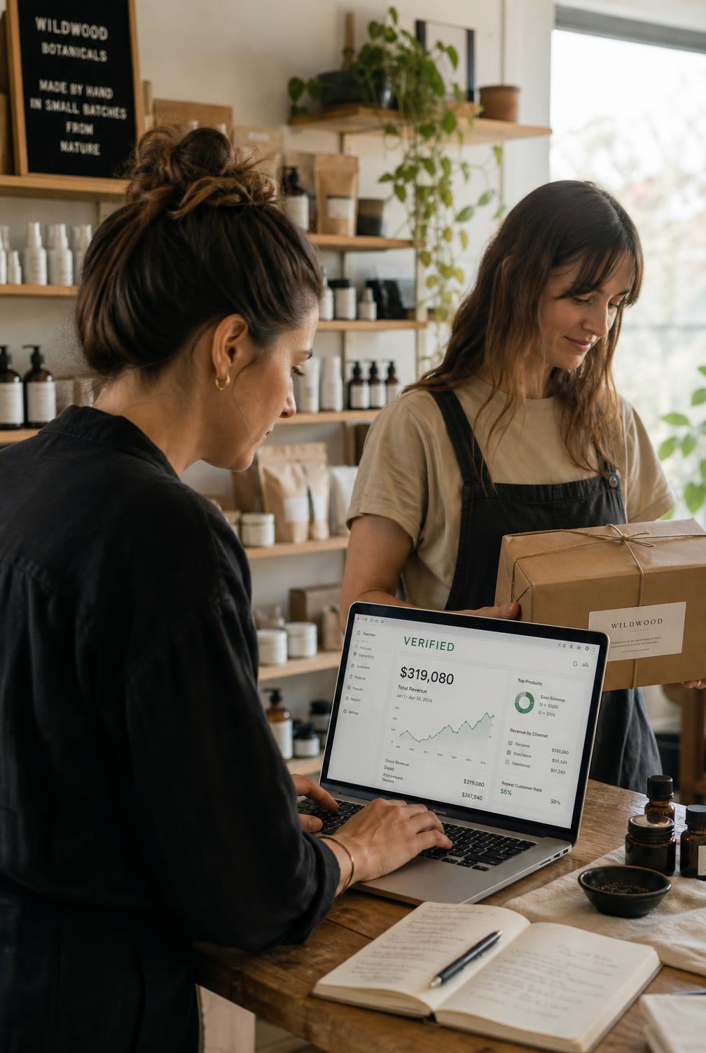 A founder types at an open laptop on a studio workbench, the screen showing a verified figure of $319,080, while a colleague beside her holds a packed kraft parcel