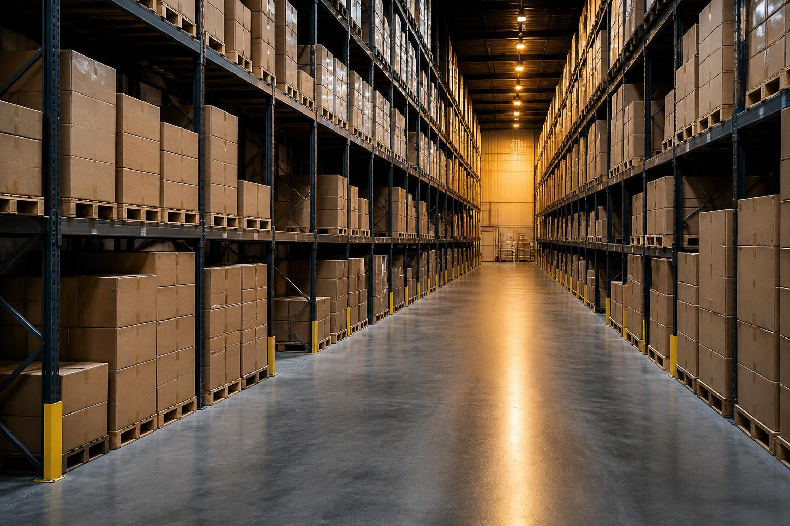 An operator walks a fulfilment aisle checking cartons against a tablet