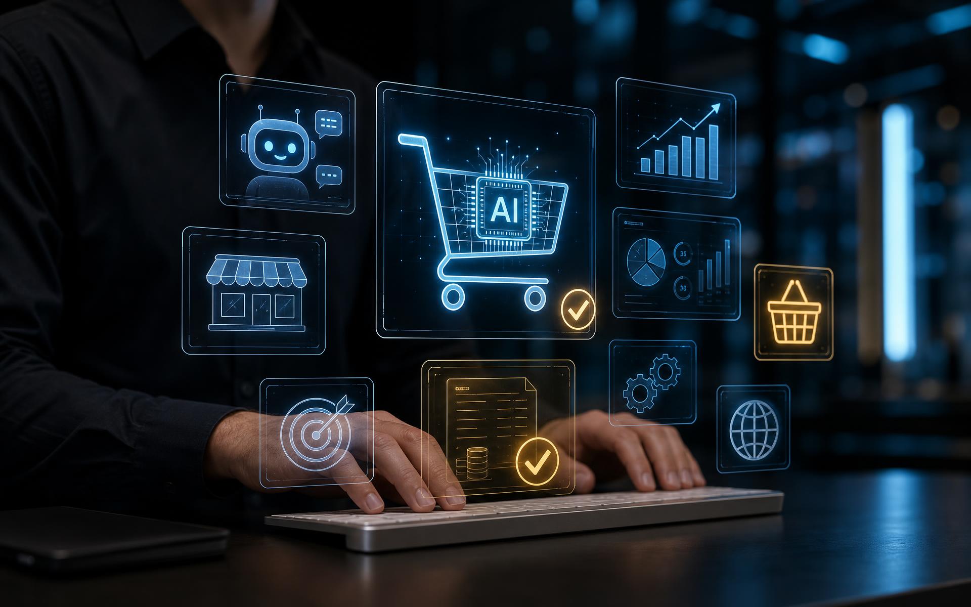 An operator at a keyboard surrounded by luminous holographic AI shopping and analytics panels, with gold verified checkmarks on the settled ones