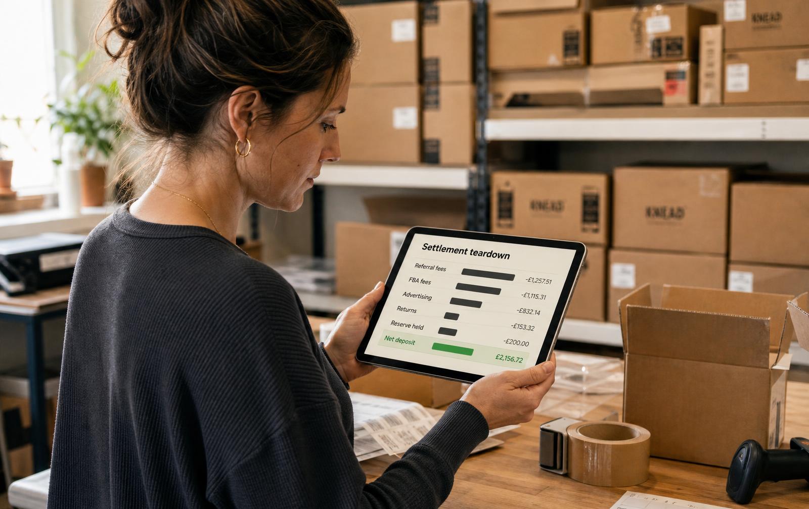 An Amazon seller works at a prep bench beside stacked FBA cartons, a laptop open on the settlement view showing $222,720 disbursed