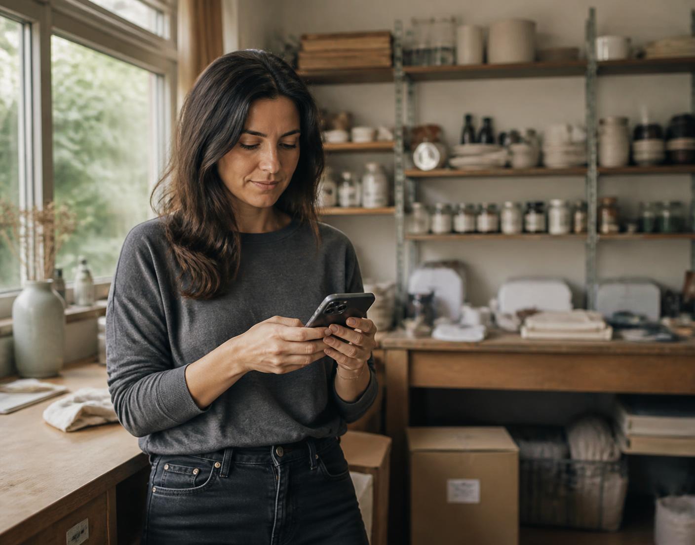 A founder standing in their own product studio in calm natural light, mid-decision
