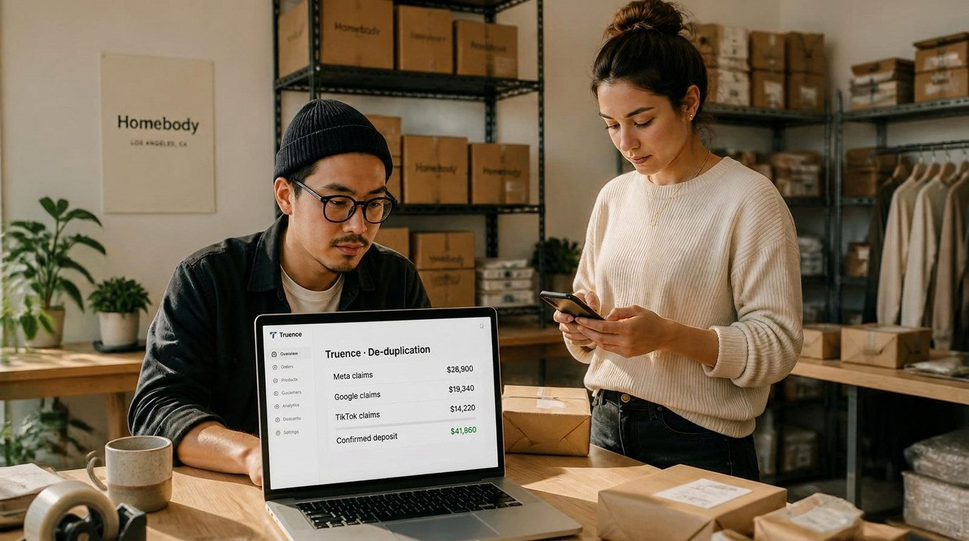 Two people working side by side in a small brand's studio, one reading a de-duplication view on a laptop while the other checks a phone