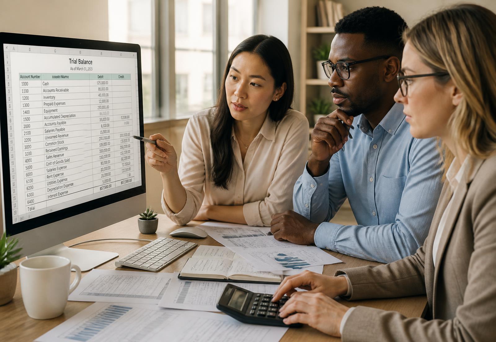Three accountants reviewing a trial balance together on screen