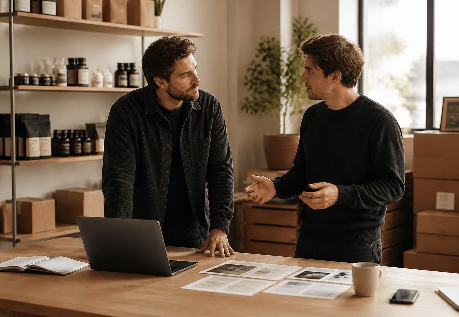 Two ecommerce founders reviewing their live books together in a studio workspace