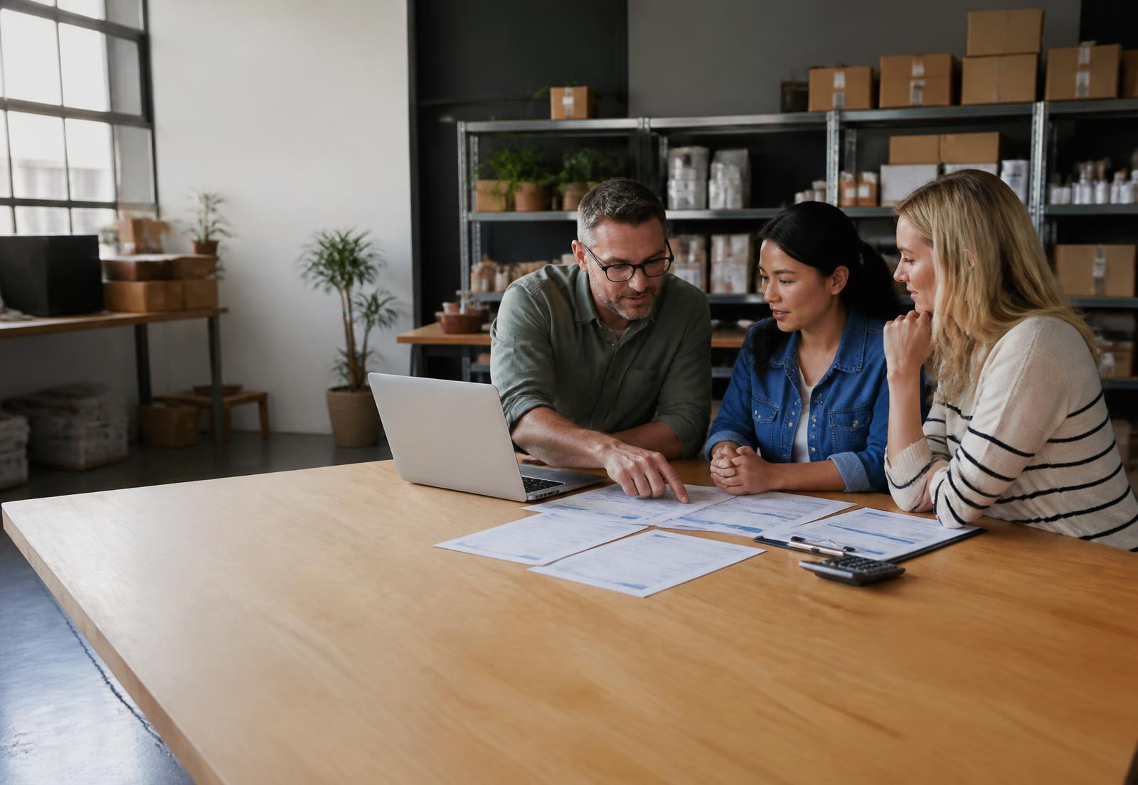 A founder and his finance lead reading a bank statement against the month's commitments